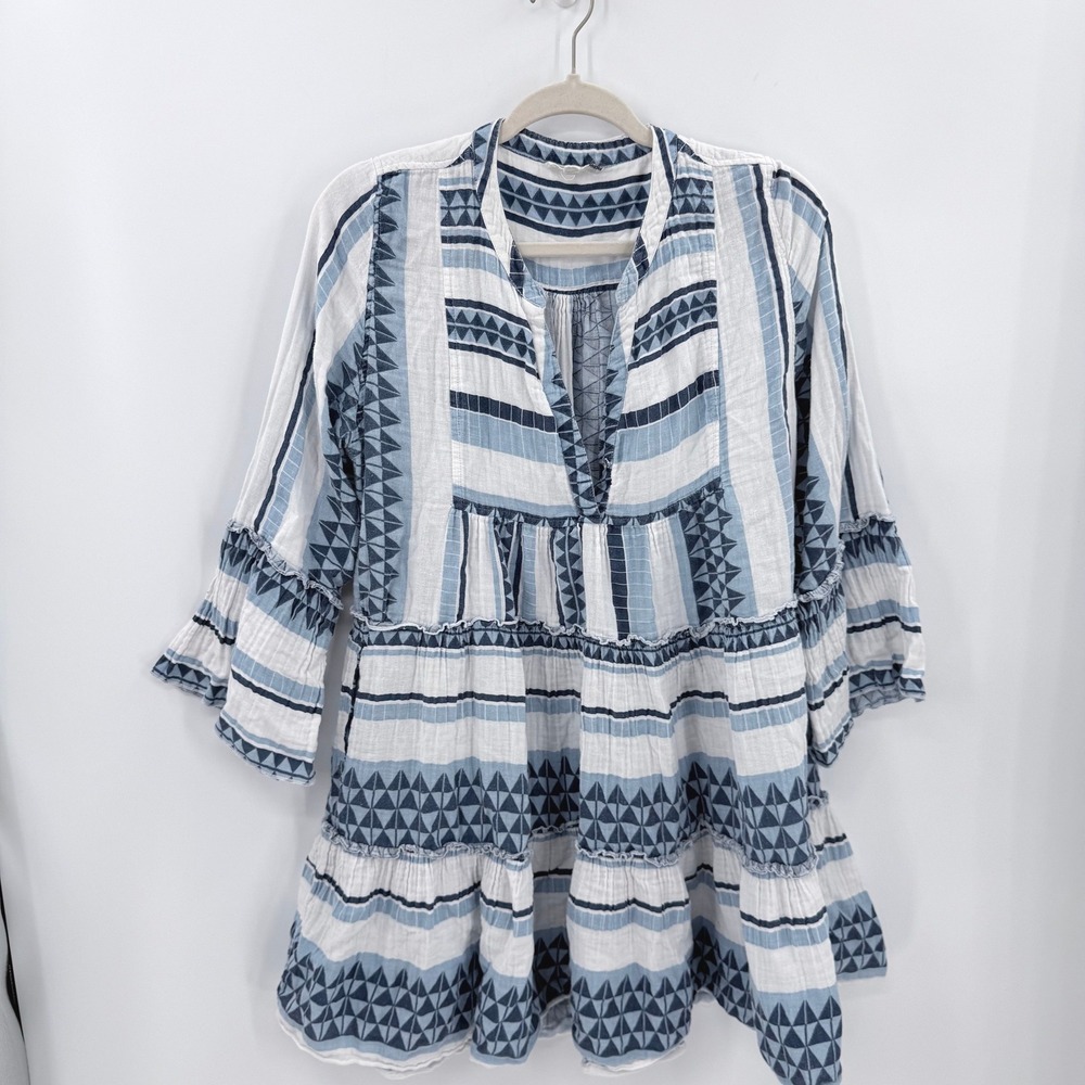 Elan Blue White Tribal Cotton Gauze Tiered Bell Sleeve Tunic Dress Pockets L - Picture 2 of 9